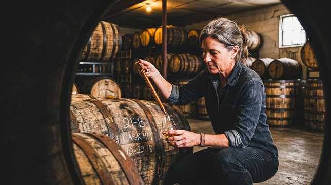 Whiskey Master at Work: A seasoned distiller carefully samples aging whiskey from a barrel in a dark, rustic cellar filled with wooden casks, showcasing the craft of spirit production.