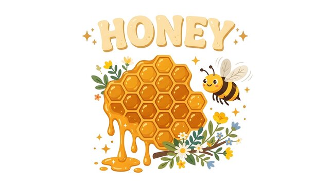 Honey concept illustration with bee honeycomb and wildflower blossom design
