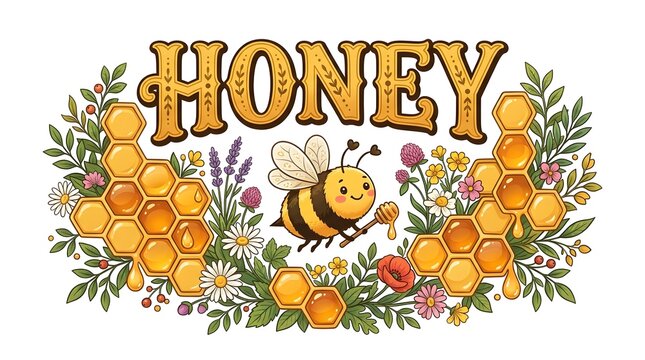 Honey typography illustration with cute bee and floral honeycomb wreath, honeycomb