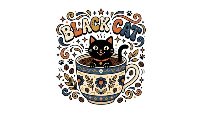 Cute black cat sitting in floral teacup illustration with whimsical, illustration