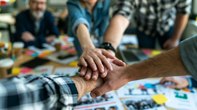 Business colleagues stacking hands together in teamwork gesture