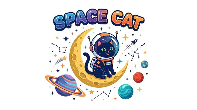 Space cat cartoon astronaut illustration with moon and planets astronaut universe