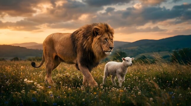 Majestic lion and innocent lamb walk together at sunset in a serene field, symbolizing peace and harmony.