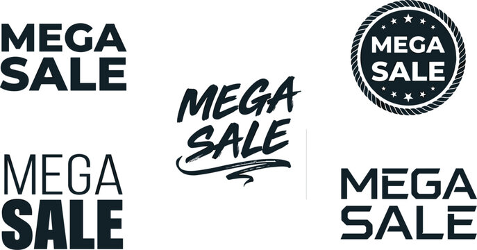 Mega sale typography bundle set featuring modern block letters script brush lettering and a round star emblem vector