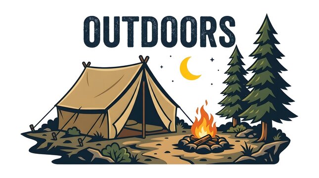Outdoors camping adventure tent campfire night nature scenery illustration