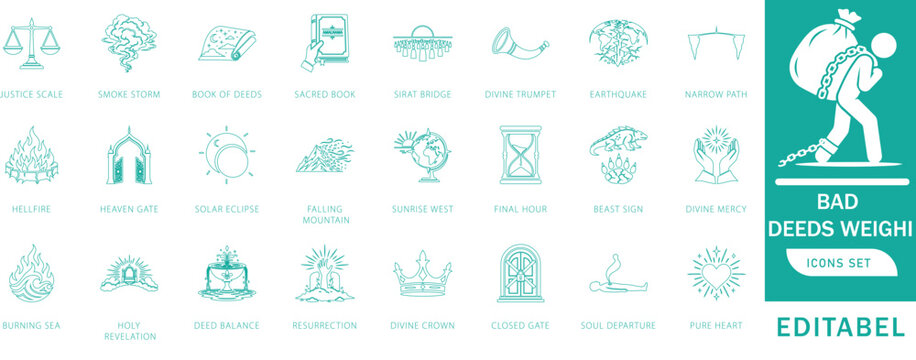 Qiyamah and Islamic Judgment Day Icon Set, with Resurrection, Trumpet, Deeds Scale, Hellfire, Eclipse, Earthquake and Final Hour Symbols