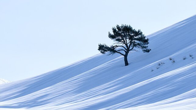 Lone pine tree snowy hillside winter light