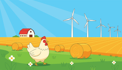 Fototapeta premium Happy chicken walks through a green grassy pasture on an eco-friendly farm with hay bales and wind turbines.