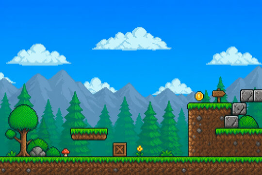 Pixel Art Platformer Game Background with Forest and Mountain Landscape