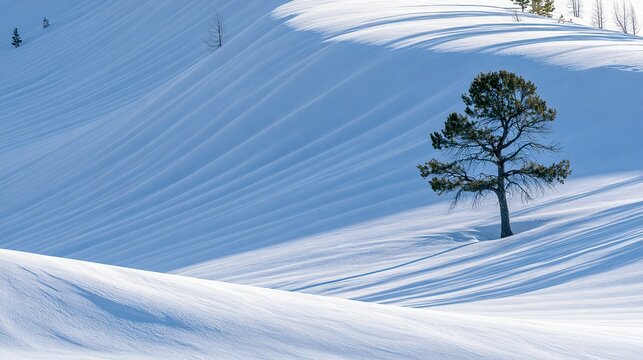 Lone pine tree snowy hillside winter light