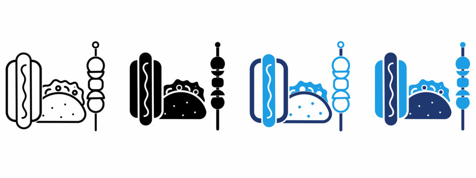 Street Food Snacks icon collections. Containing Hot Dog, Taco, Skewer, Kebab and more icons.