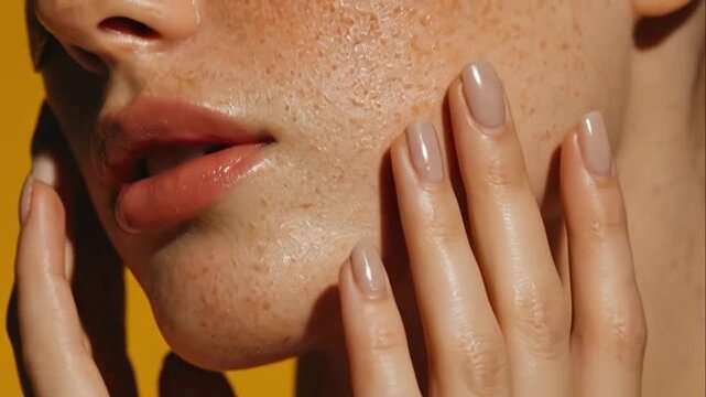 Close up of freckled woman with glossy lips and hands framing face