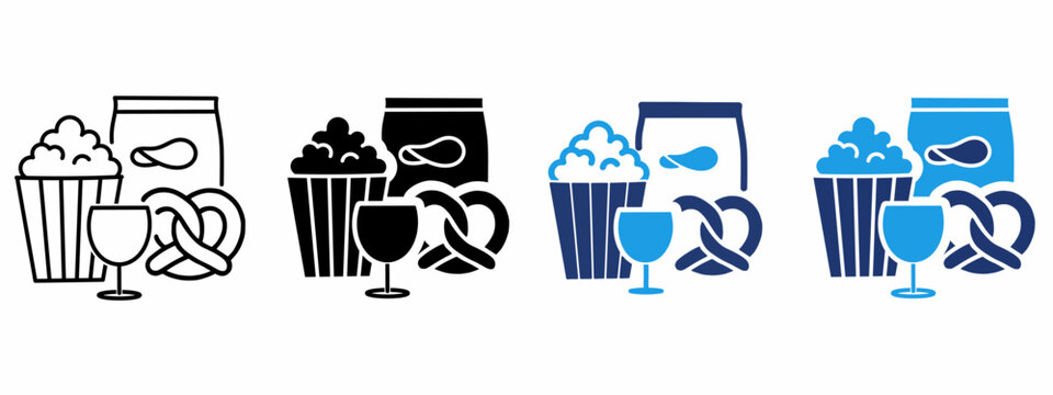 Movie Night Snacks icon collections. Containing Popcorn, Chips, Pretzel, Drink and more icons.