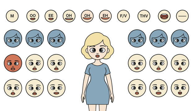 Character creator interface featuring facial expression options, skin tones, and mouth phoneme shapes for a woman.