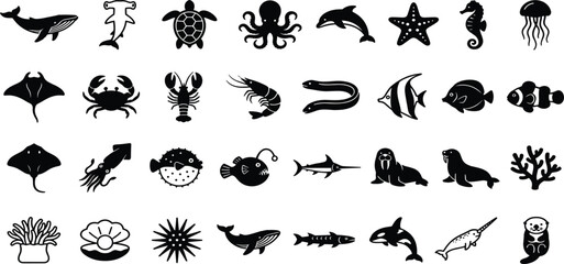 Sea Life Creature Silhouette Icon Set Featuring Marine Animals and Underwater Species Icons for Ocean Graphic Designs, Websites, and Educational Projects © Anisur