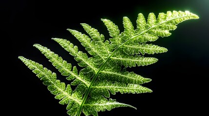 Fototapeta premium Backlit Green Fern Leaf on Black Background