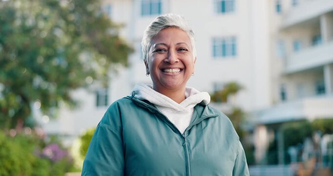 Face, old woman and smile outdoor for fitness, pride and exercise for health benefits. Portrait, senior person or happy in nature for fresh air, positive attitude and retirement activity for wellness