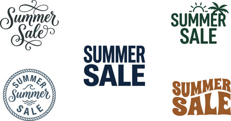 Obraz premium Summer sale typography set bundle featuring script lettering badges icons palm tree and sun vectors isolated