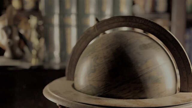 Horizontal 4K video of an antique-style globe spinning on a wooden stand with warm cinematic lighting and blurred library background.