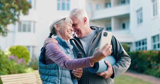 Fitness, selfie and senior couple laughing on break, profile picture or memory on social media post. Outdoor, photography and old people after physical activity, love and forehead touch with partner