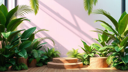 Fototapeta premium Wooden Podium Display with Tropical Green Plants and Pink Background