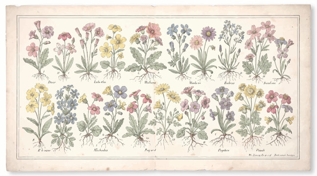 Vintage Botanical Illustration of Assorted Primrose Flowers