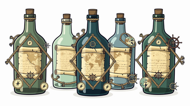 vintage bottles with labels and nautical rope