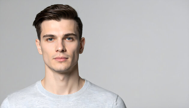 Man wearing light grey henley posing creating calm and modern tech gadget portrait photography generative AI