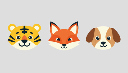 Fototapeta premium Set of three cute cartoon animal faces including a happy tiger, an orange fox, and a fluffy brown dog.