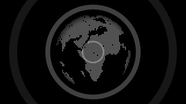 Rotating globe animation features halftone dot pattern representing earth map over dark background with rhythmic expanding gray concentric circles loop.