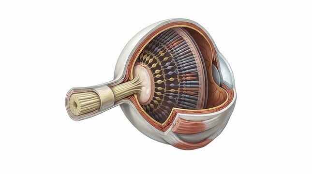 Complex anatomical illustration of the human eye and optic nerve