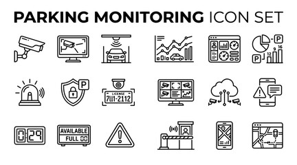 Fototapeta premium A collection of linear icons for parking monitoring, smart city surveillance, and vehicle management systems.