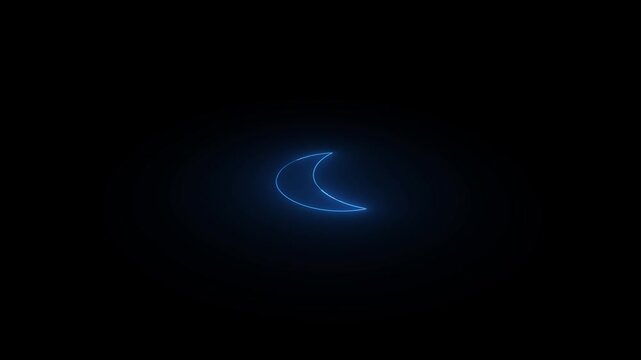 Glowing neon blue crescent moon icon pulsing with light animation isolated on black background for digital interface and night sky concept graphic design.