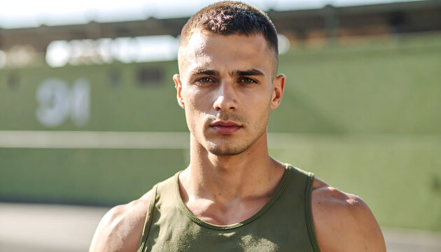 Young man stands looking confident wearing olive tank top for athletic sportswear brand advertising generative AI