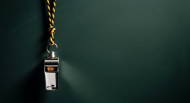 Closeup of shiny referee whistle on yellow cord against dark green background