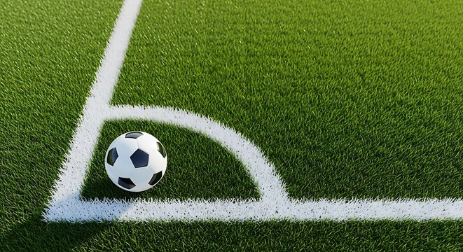 Soccer ball on green field with white lines