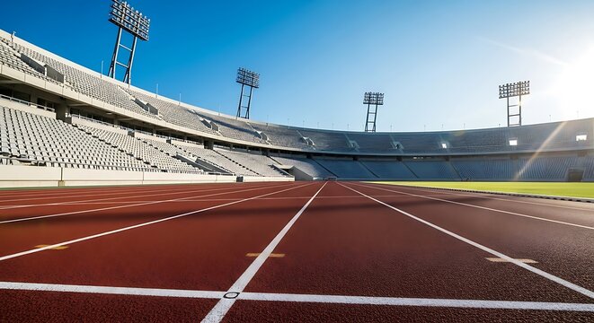 Empty sports stadium with red track and floodlights