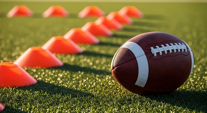 American football training session with orange cones on green field