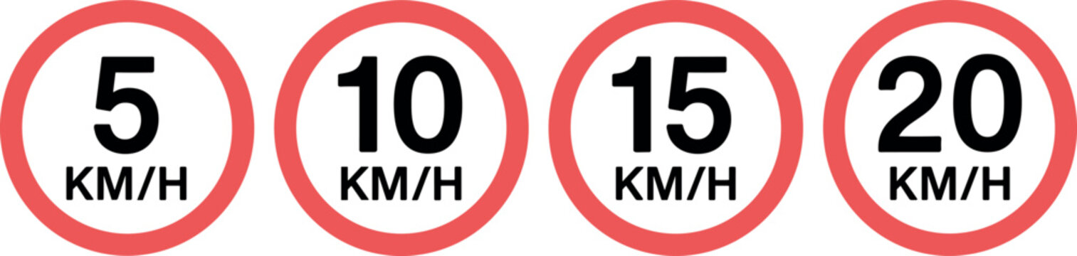 Speed limit traffic sign vector set featuring red circular borders indicating five ten fifteen and twenty kilometers per hour