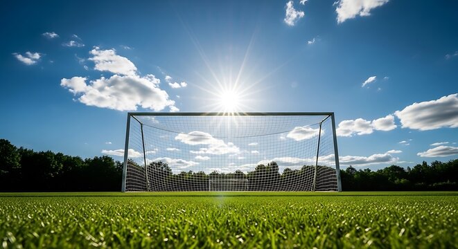 Soccer goal on a sunny green field with trees and blue sky