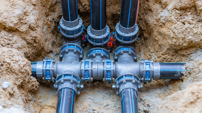 Interconnected plumbing pipes in a trench