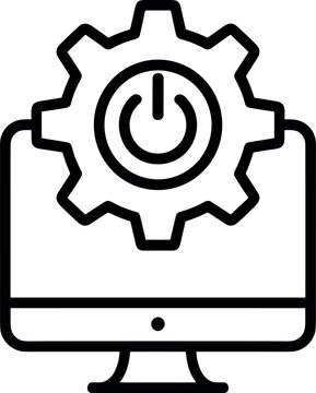 Computer monitor line icon vector with gear and power button symbol representing system update optimization restart or technical configuration