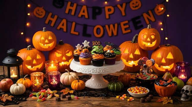Happy halloween festive table setting pumpkins treats spooky party decor