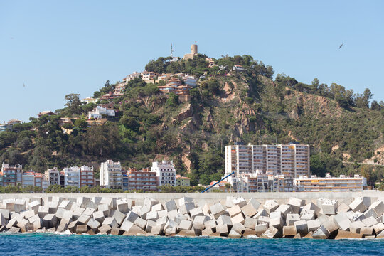 Breakwater of Blanes port with cubic armour units, Catalonia, Spain.