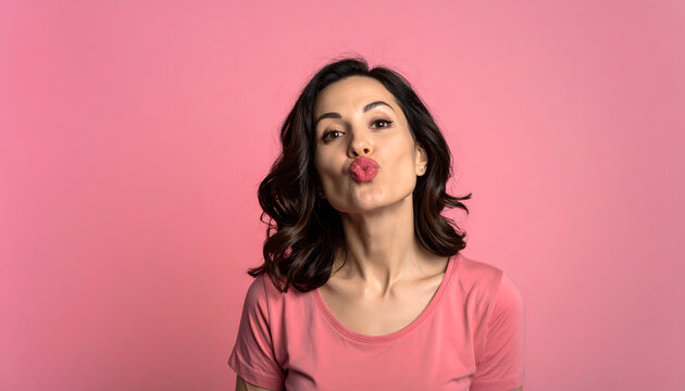 Mature woman stands making kissy face with squinted eyes wearing rose top for greeting generative AI