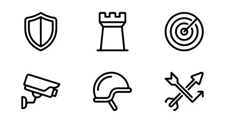 Security Icons Set: Shield, Rook, Target, Camera, Helmet, Arrows, Protection, Strategy, Surveillance © JannatulIslahm