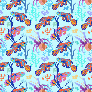 Seamless pattern with exotic mandarin fish and hermit crab in coral reef