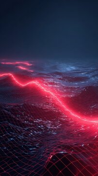 Abstract neon wave flowing through a dark digital ocean with a grid pattern, evoking a sense of futuristic technology and cyberspace. ..Created with Generative AI, not depicting real subjects.
