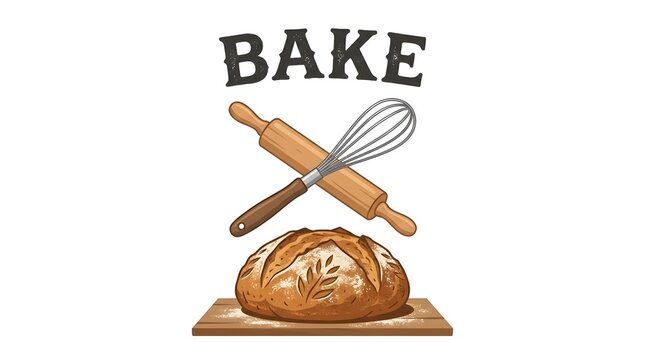 Bake bread illustration with rolling pin and whisk kitchen tools logo concept