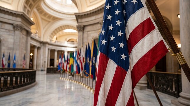 Interior View of Grand Government Building Hall with American Flags Displayed in a Row